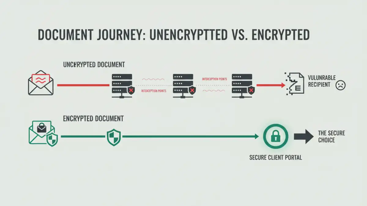 emailing legal documents security emailing legal documents security - Infographic comparing the security of unencrypted email versus a secure client portal for legal files.