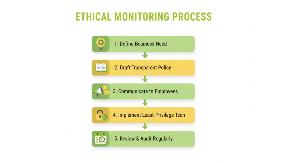 employee document security - Infographic flowchart of the five key steps for implementing an ethical employee monitoring policy.