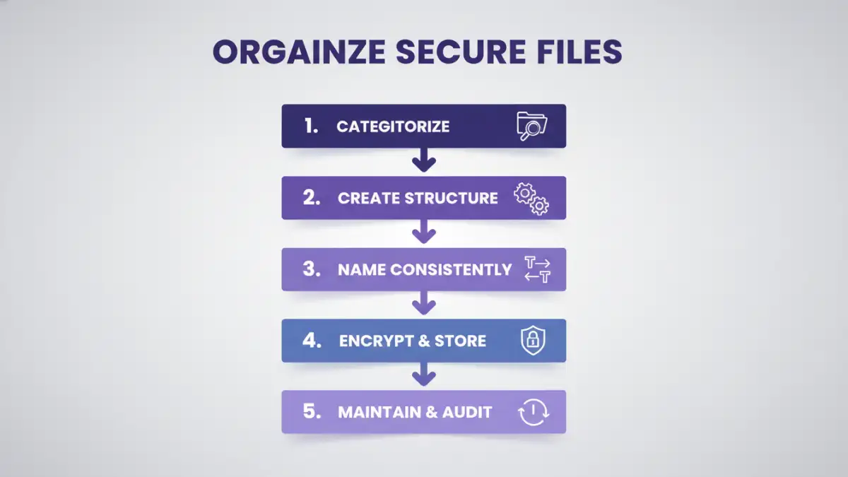 encrypted document portfolio - Infographic showing the five key steps for encrypted file management.