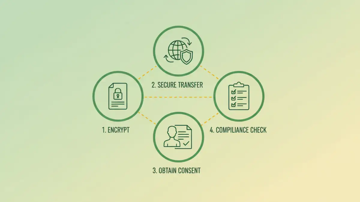 Infographic detailing GDPR compliant steps for encrypted document sharing, including consent and international transfer