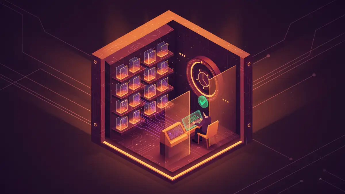 encrypted document storage - Illustration of a secure data room where a user with proper credentials accesses encrypted files.