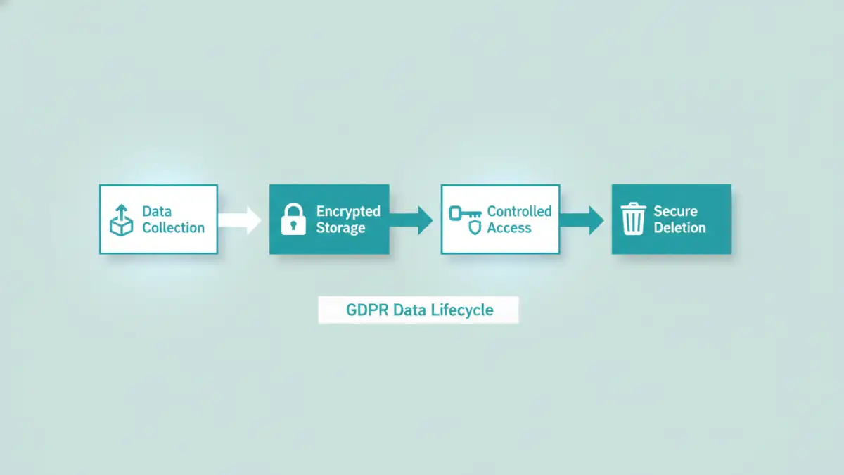 encrypted document storage - Infographic showing the compliant data lifecycle from collection to deletion with encryption at its core.