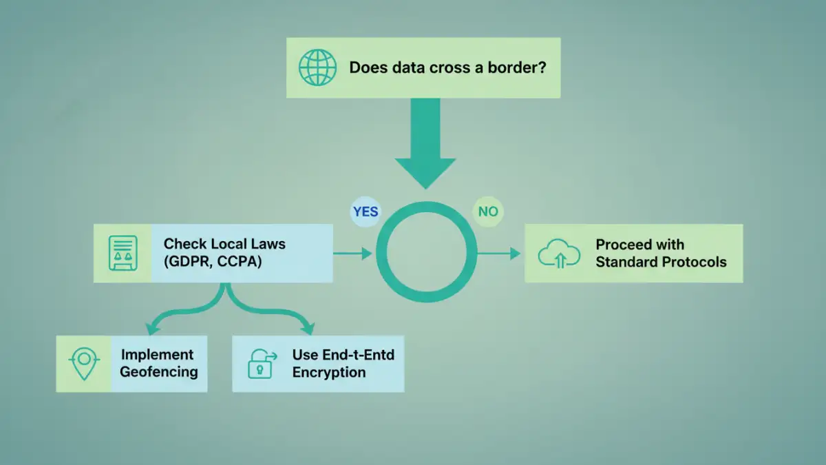 encrypted file sharing laws - Infographic flowchart explaining the decision process for cross-border data transfer compliance.