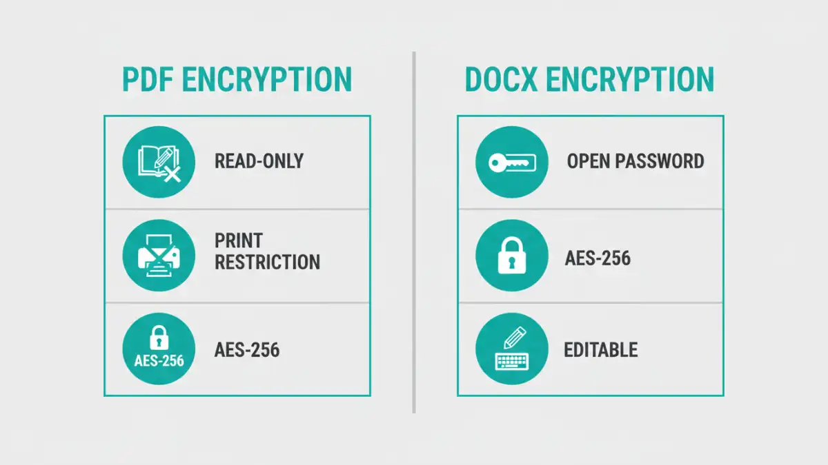 encrypted pdf vs docx - Infographic detailing PDF vs DOCX encryption security characteristics