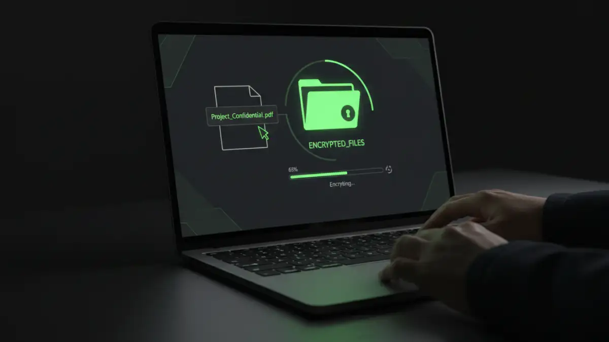 encryption algorithms document - User securing documents with encryption software on a laptop