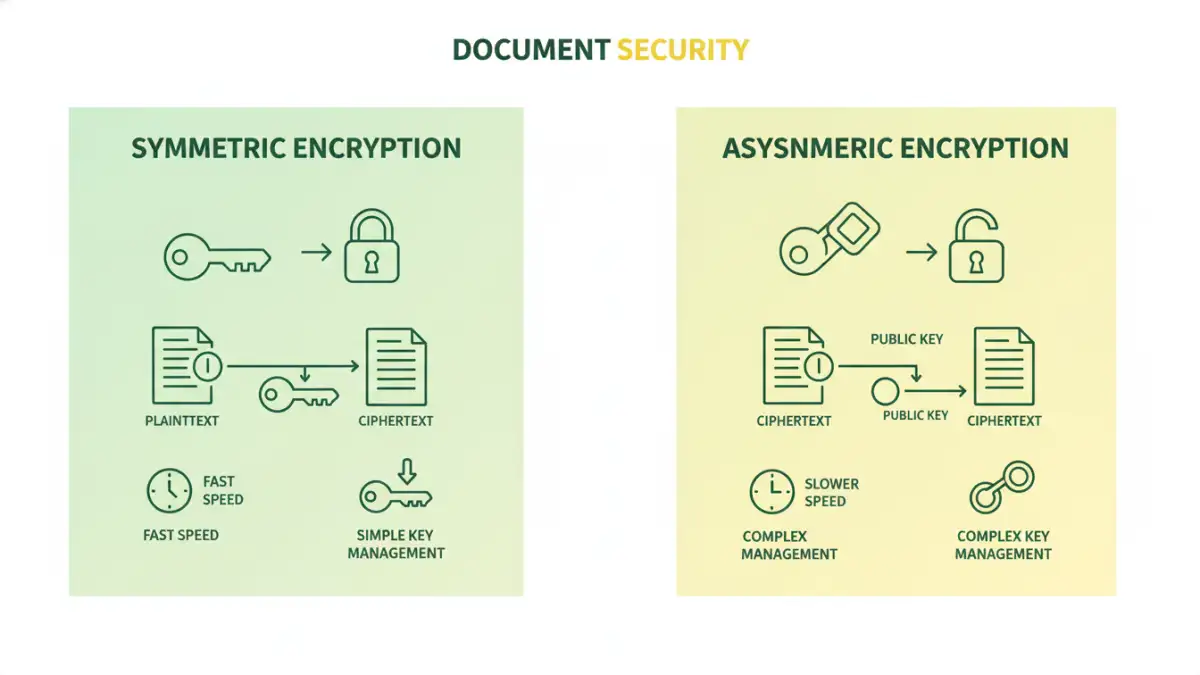 encryption algorithms document - Infographic comparing symmetric and asymmetric encryption for document security