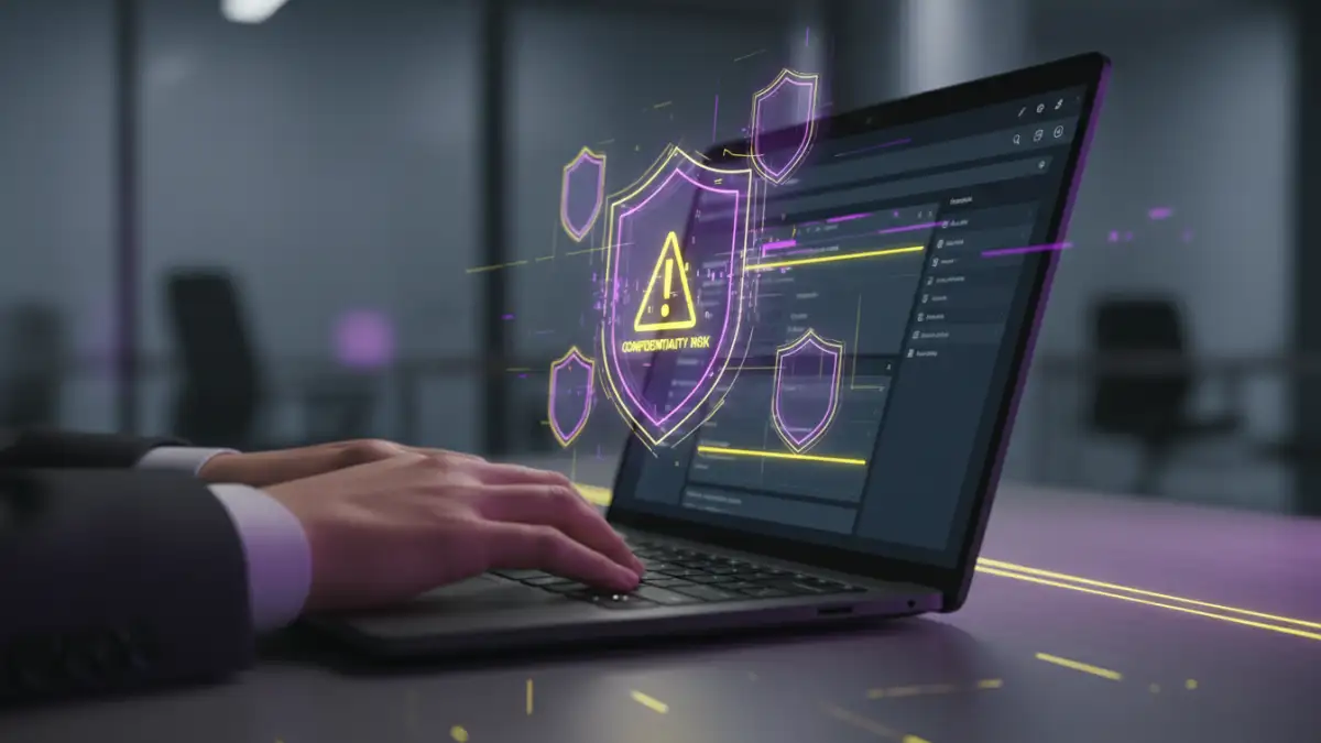 encryption risks - Hand typing on a laptop, screen showing secure document sharing platform with abstract security shields and warning symbol, highlighting confidentiality risks.