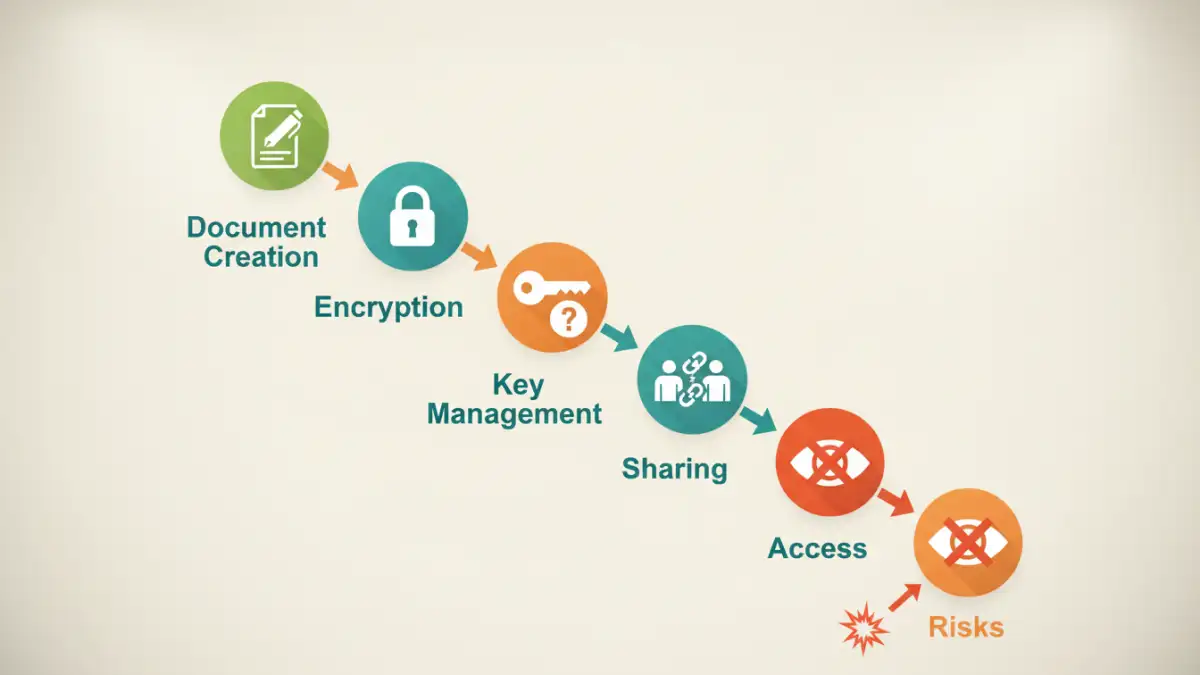 Infographic detailing encryption risks workflow: creation, encryption, problematic key management, insecure sharing, and unauthorized access.
