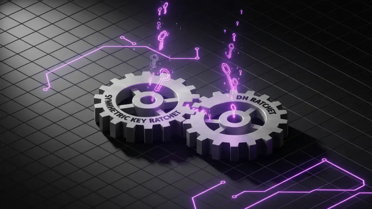 end to end file encryption - A visual representation of the Signal Protocol's Double Ratchet algorithm with interlocking gears.