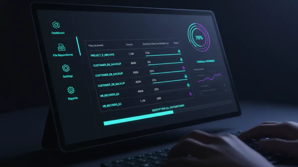 enterprise document encryption - Dashboard of a data protection platform performing bulk file encryption.