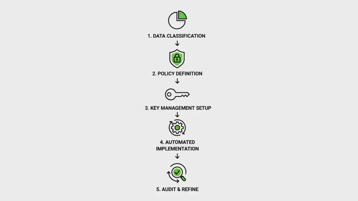 enterprise document encryption - A flowchart showing the five key steps to implementing a corporate encryption policy.