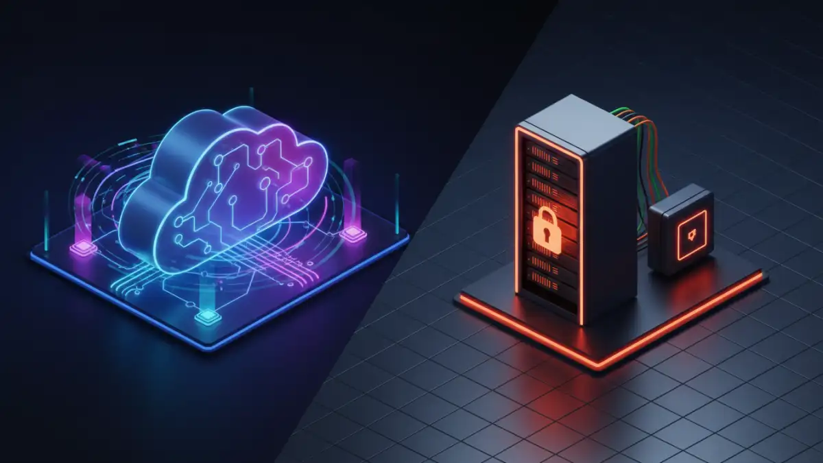 A visual comparison of cloud infrastructure versus on-premise server racks for enterprise document security.