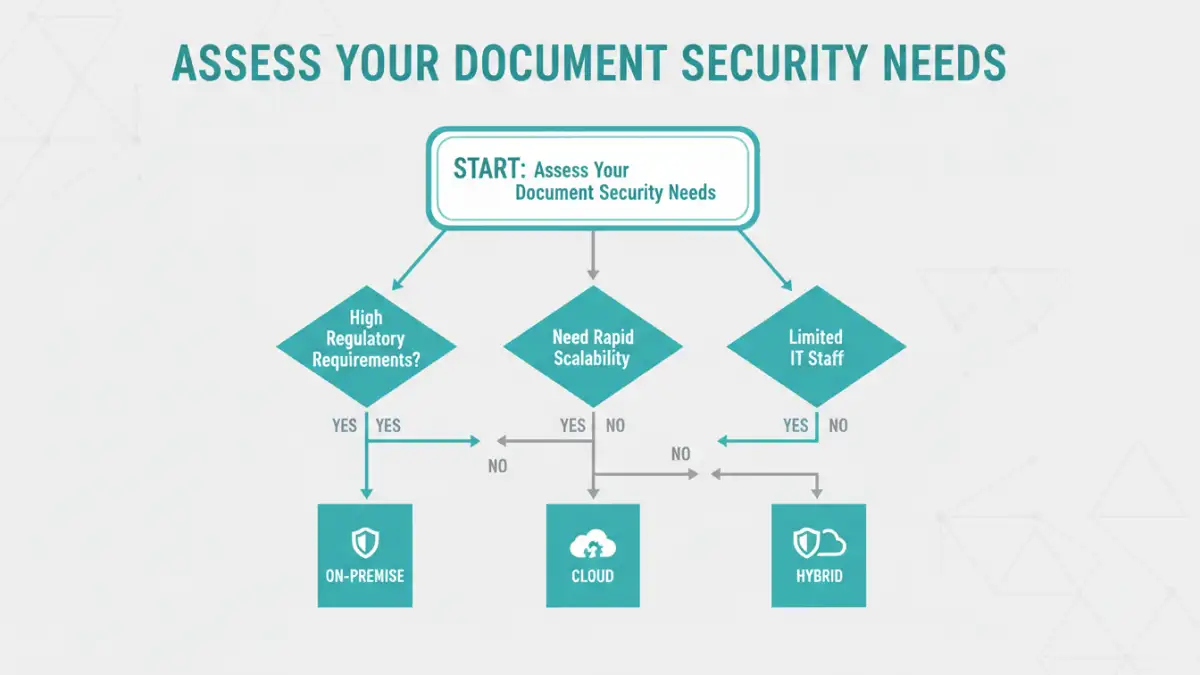 enterprise document security - A flowchart helping businesses decide between cloud, on-premise, or hybrid security solutions.