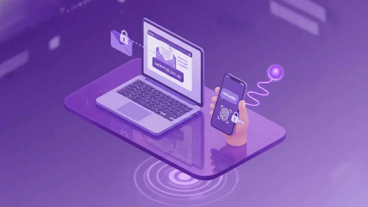 ethical document sharing - A 3D illustration showing a file being sent on a laptop and its password being shared separately on a smartphone.