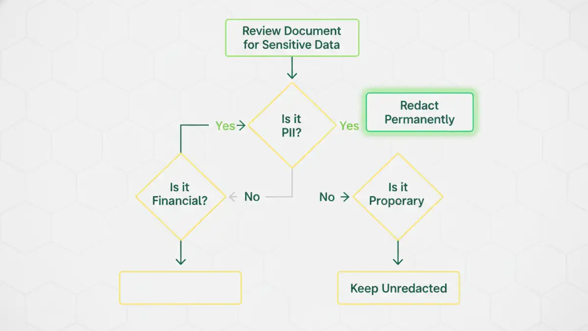 ethical pdf redaction - Infographic flowchart showing the steps to decide what information to redact from a PDF.