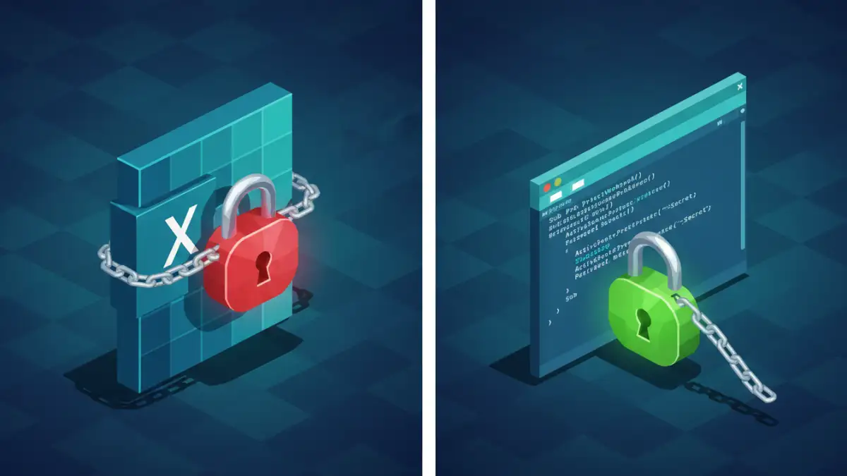 excel file vba password - An illustration showing a locked Excel VBA project being unlocked.