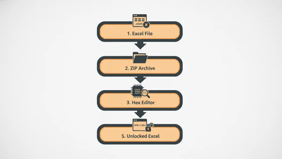 excel file vba password - Infographic showing the 5 steps to remove a VBA password.