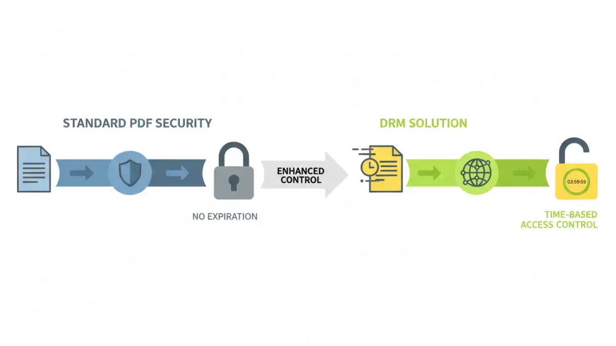 extend pdf password expiration extend pdf password expiration - Infographic comparing standard PDF password security with advanced DRM solutions for time-based access.