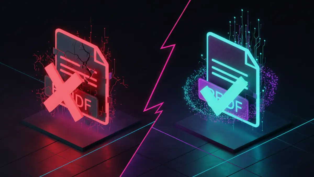 failed to load pdf document - A visual comparison of a corrupted PDF file versus a repaired, working one.