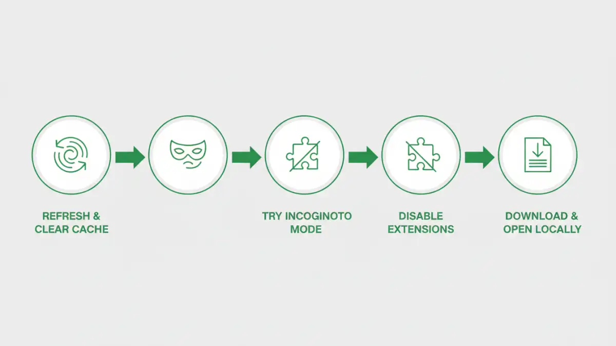 failed to load pdf document - Infographic flowchart of steps to fix a browser PDF loading error.