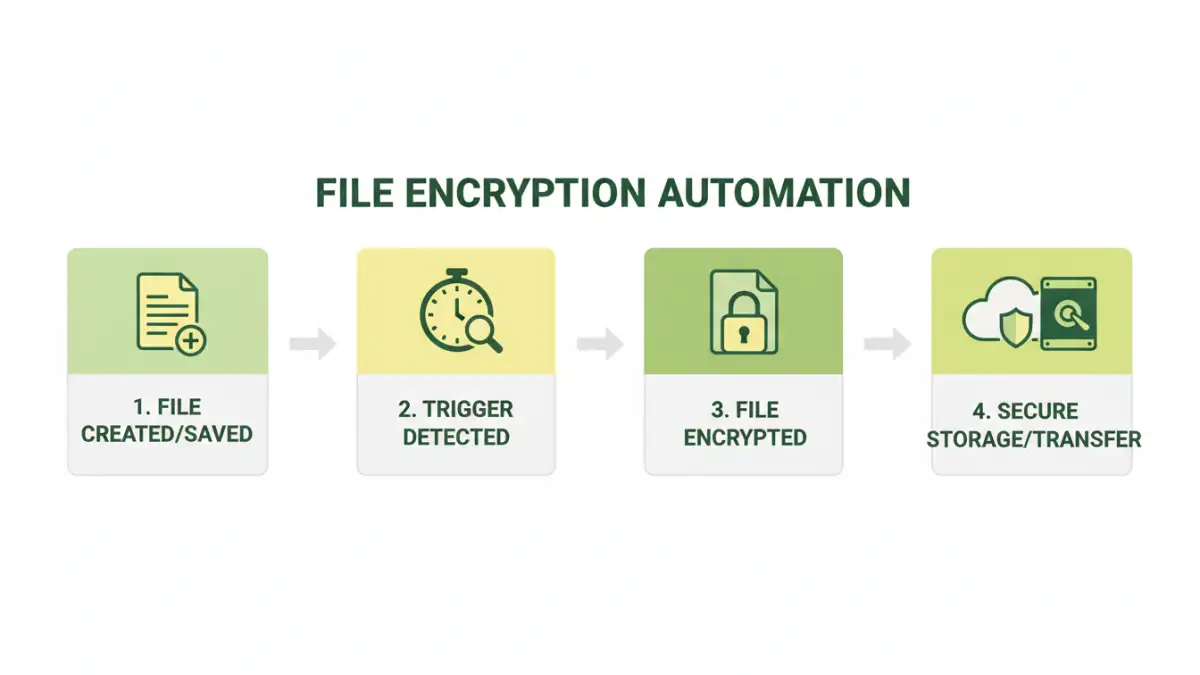 Infographic detailing the steps and benefits of file encryption automation