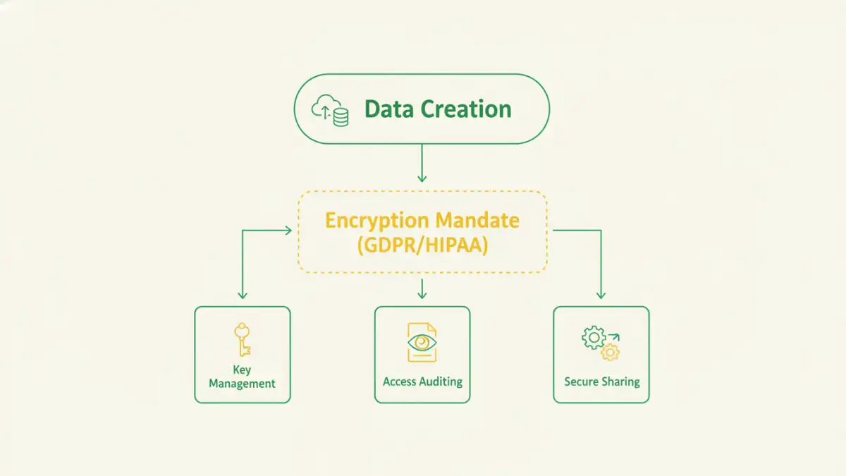 file encryption market analysis - Infographic showing the flow from data creation to compliant encryption features like key management and auditing.