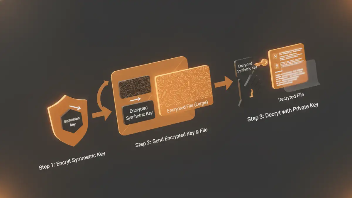 file encryption methods - Flowchart showing how hybrid encryption combines the speed of symmetric and security of asymmetric methods