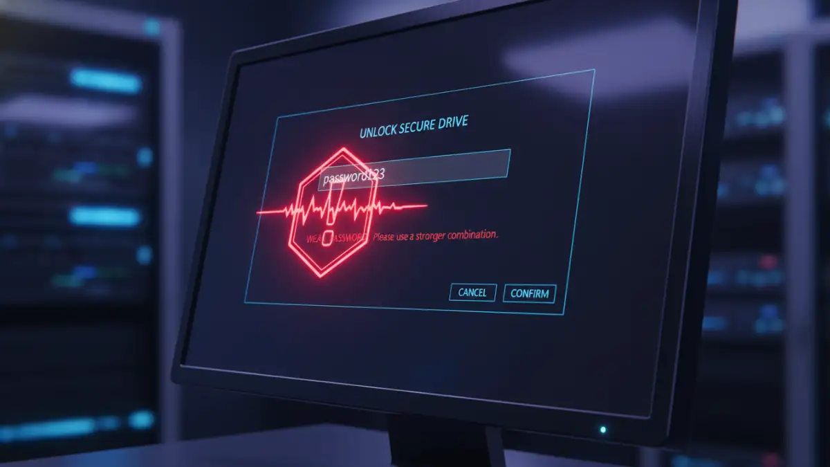 file encryption mistakes - An example of a weak password being used for file encryption, highlighting a common security mistake.