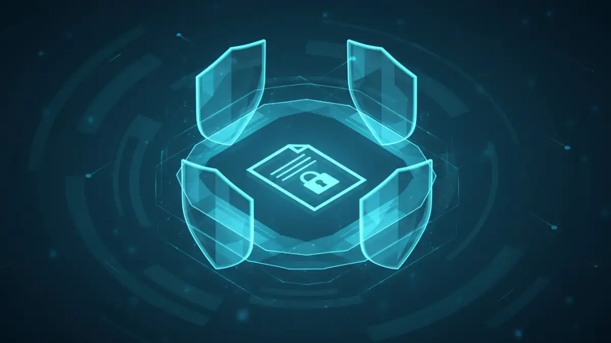 A visual representation of file security password complexity with layered shields protecting a document.