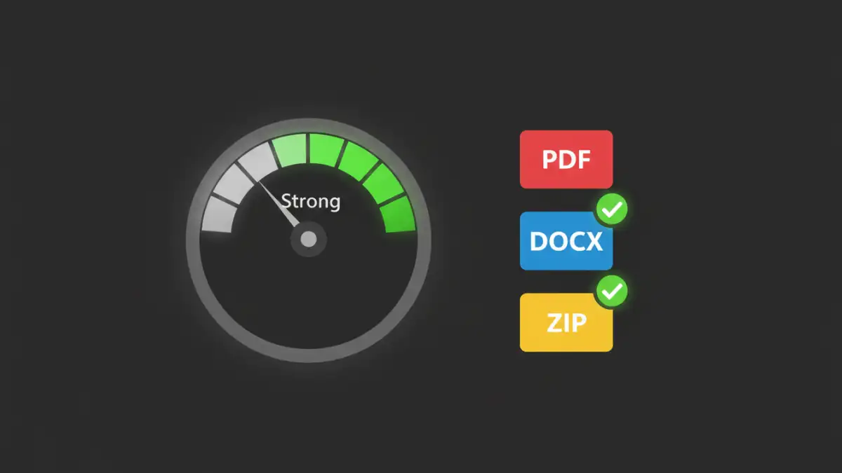 file security password complexity - A password strength meter indicating a strong password next to secured file icons.