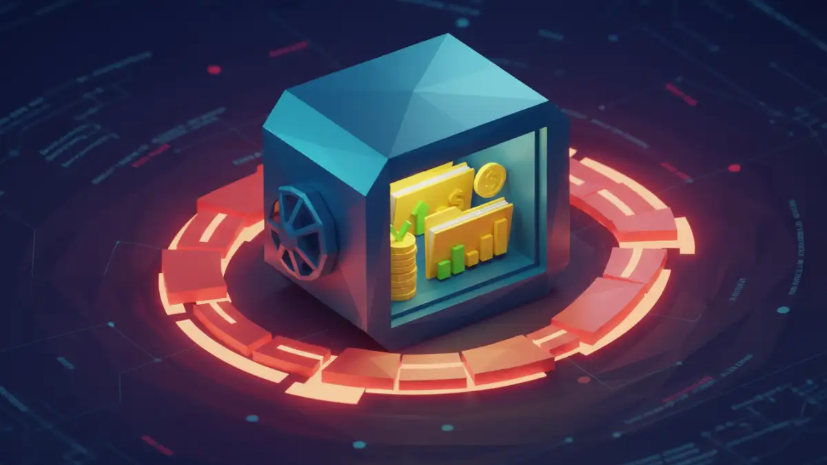 financial document security rules - Digital vault with encrypted investment files protected by a security shield