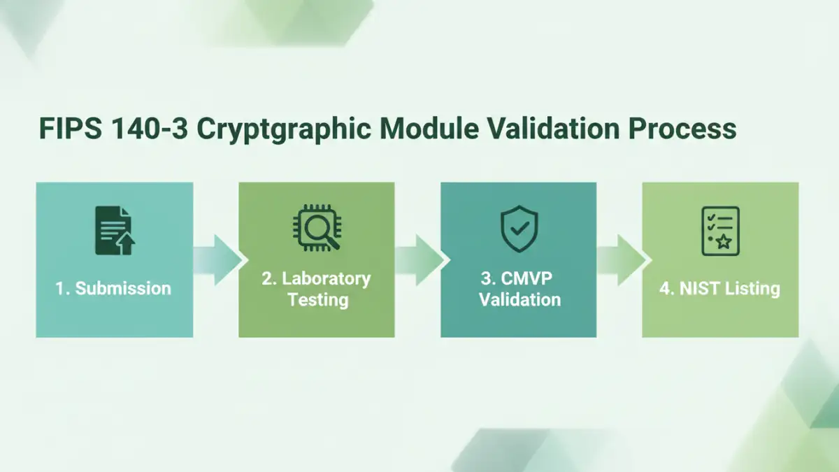 fips 140 3 document security - Infographic flowchart of the FIPS 140-3 cryptographic module validation process.