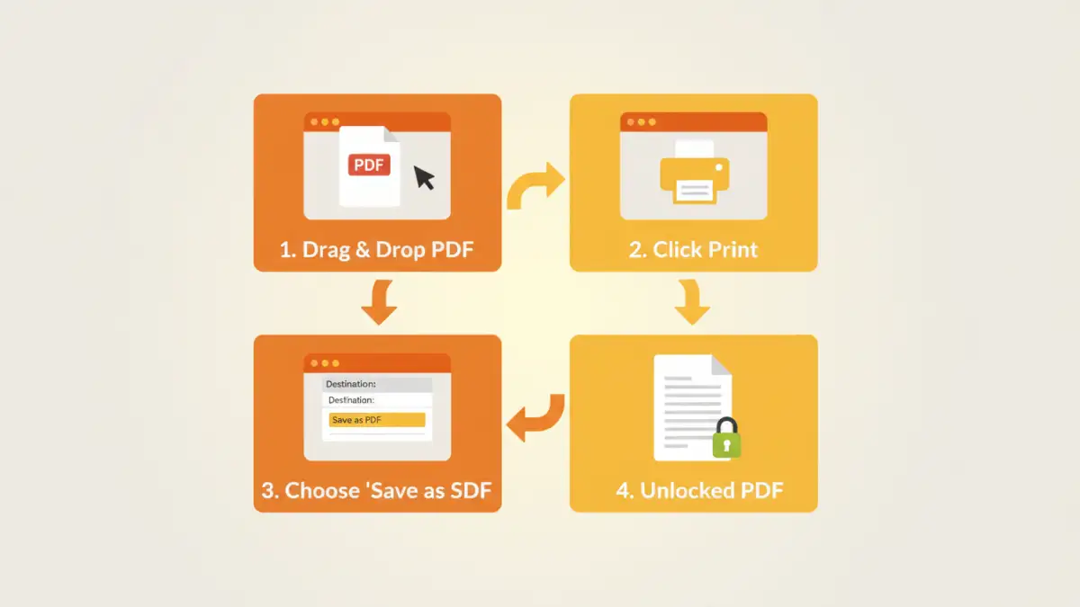 forgot pdf password - Infographic showing the four steps to remove PDF restrictions using a browser's print function.