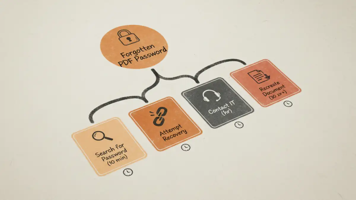 forgotten PDF passwords - An infographic illustrating the time-consuming process of recovering from a lost PDF password.