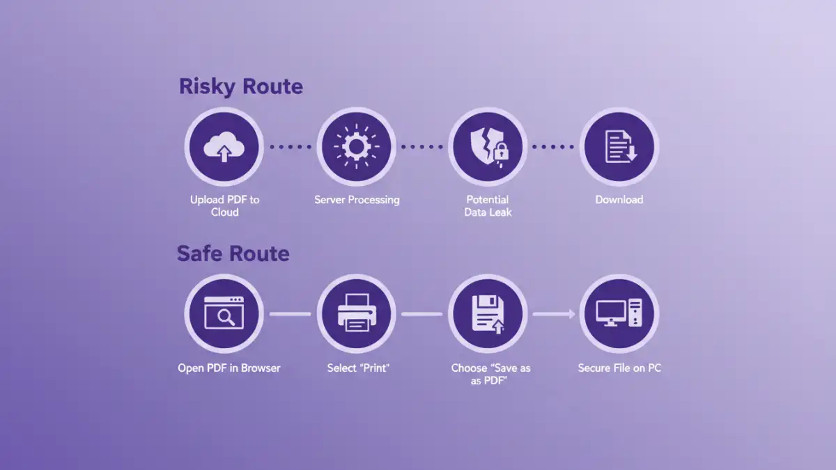 free pdf password remover security - Infographic comparing the safe offline method versus the risky online method for removing PDF passwords.