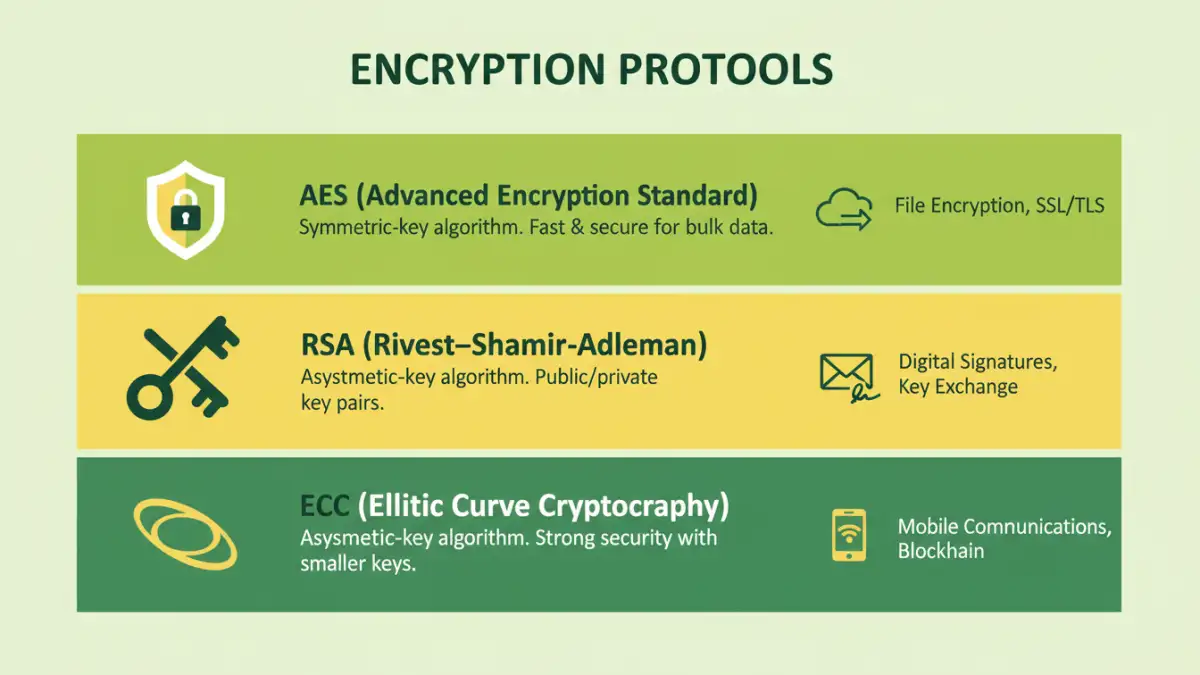 global encryption standards - Infographic detailing key encryption protocols and their applications