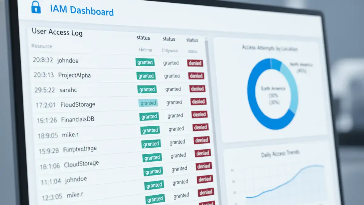 government document password policy - An IAM dashboard showing logs for secure file access attempts, demonstrating policy enforcement.