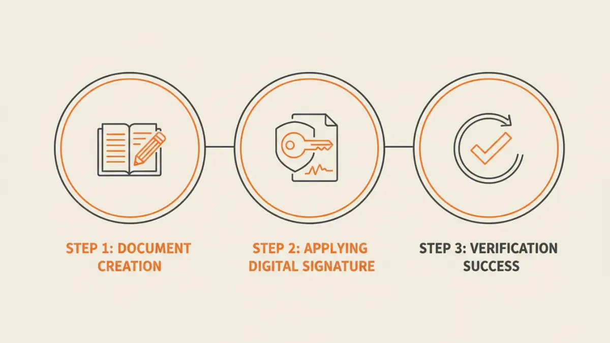government pdf security - Infographic showing the three-step process of creating and verifying a digital signature.