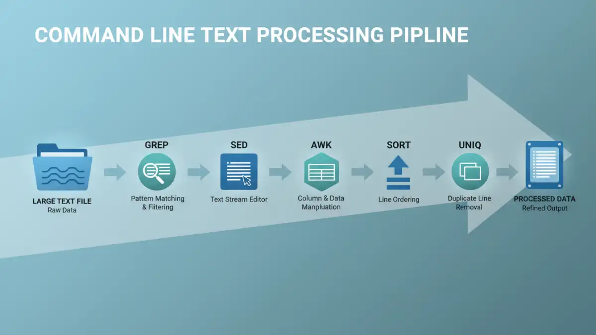 large text file processing - Infographic showing the workflow of command line text processing tools