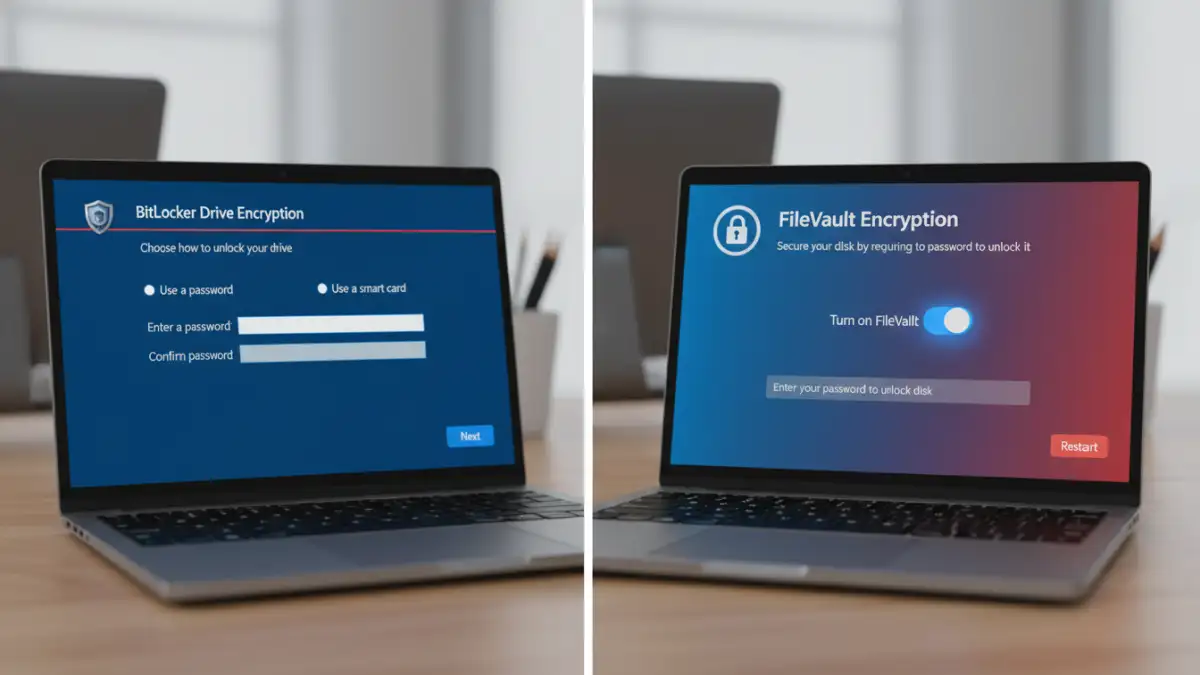 legal file encryption - A side-by-side comparison of enabling BitLocker on Windows and FileVault on macOS for full-disk encryption.