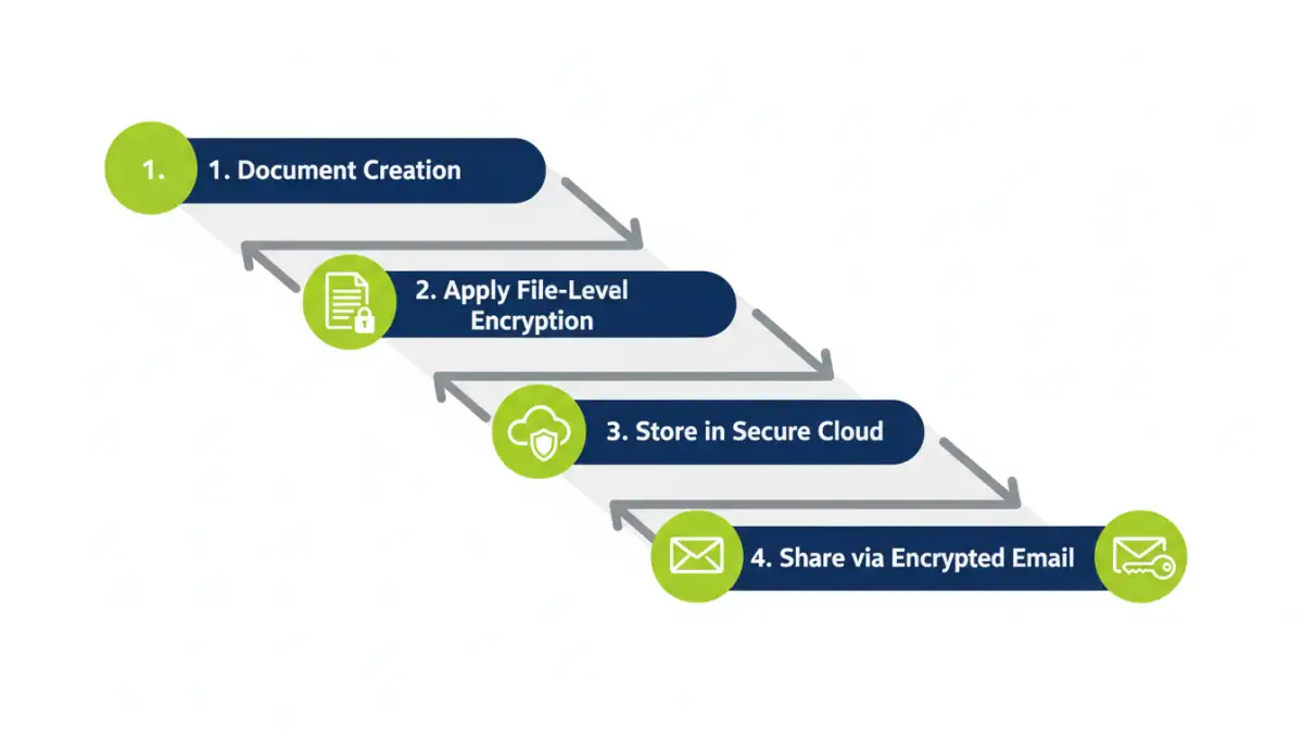legal file encryption - Infographic flowchart showing the steps for securing confidential legal documents from creation to sharing.