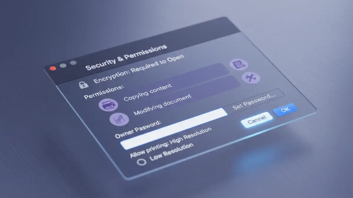 make a pdf read only - A close-up of the security permissions dialog in macOS Preview for locking a PDF.