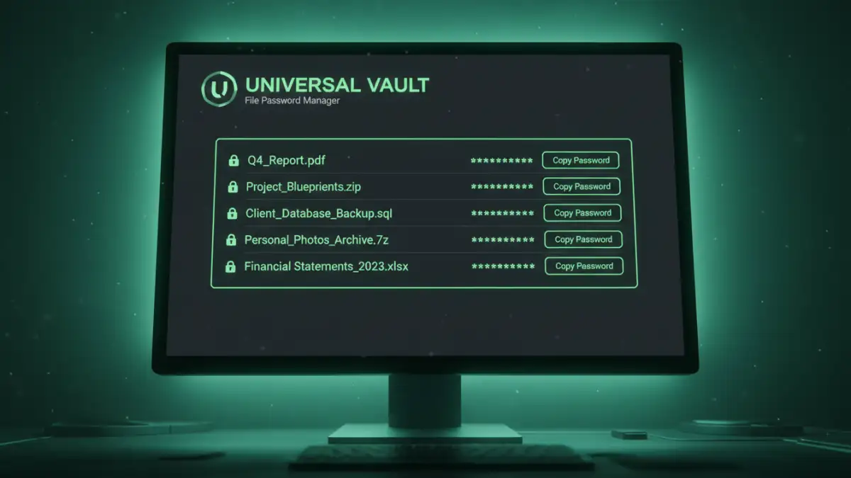 manage all file passwords - Interface of a document password organizer showing a list of secured files.