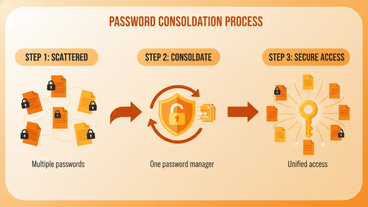 manage all file passwords - Infographic showing the process of moving from scattered passwords to a centralized password manager.