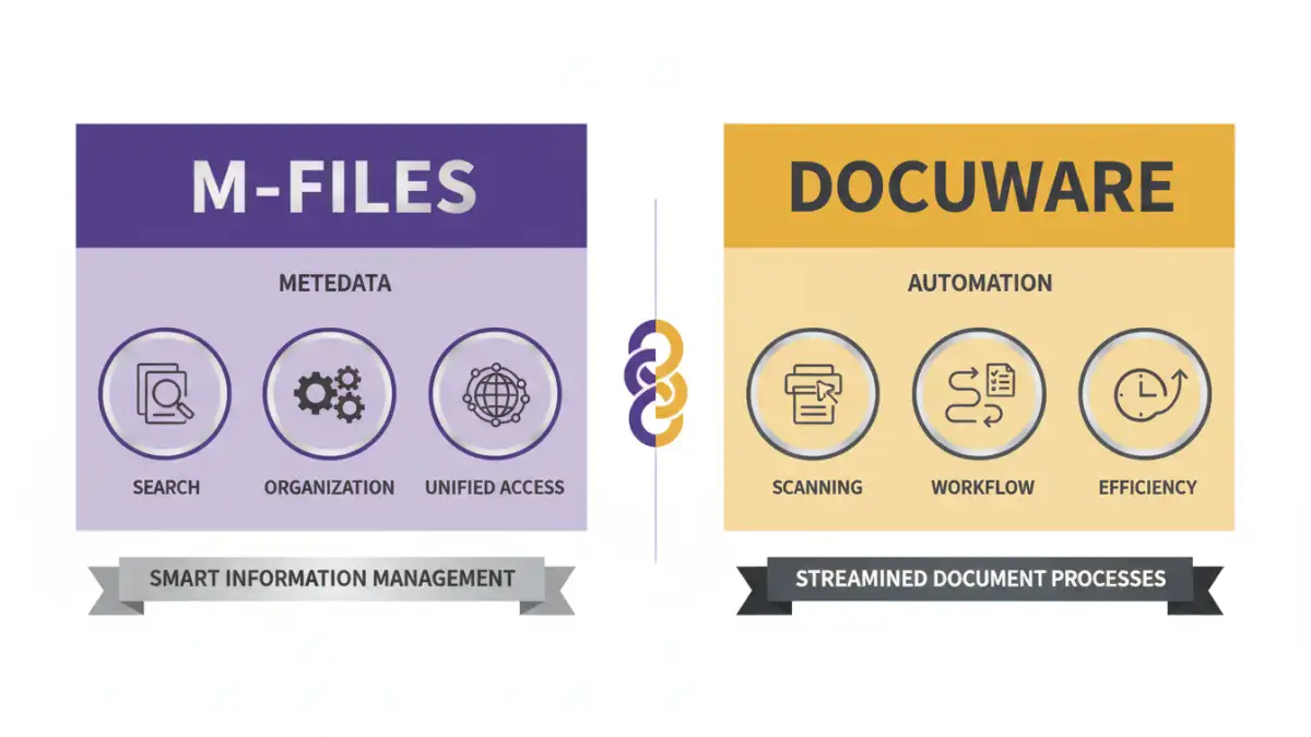 mfiles vs docuware - Infographic detailing M-Files and DocuWare features