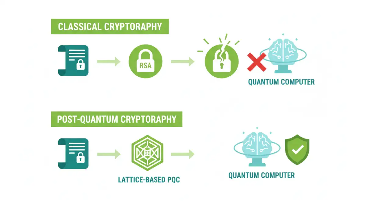modern file encryption modern file encryption - Infographic comparing the vulnerability of classical encryption to the security of post-quantum cryptography.