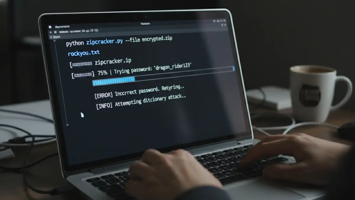 multi format password tools multi format password tools - A command-line zip file password remover in action on a laptop screen.