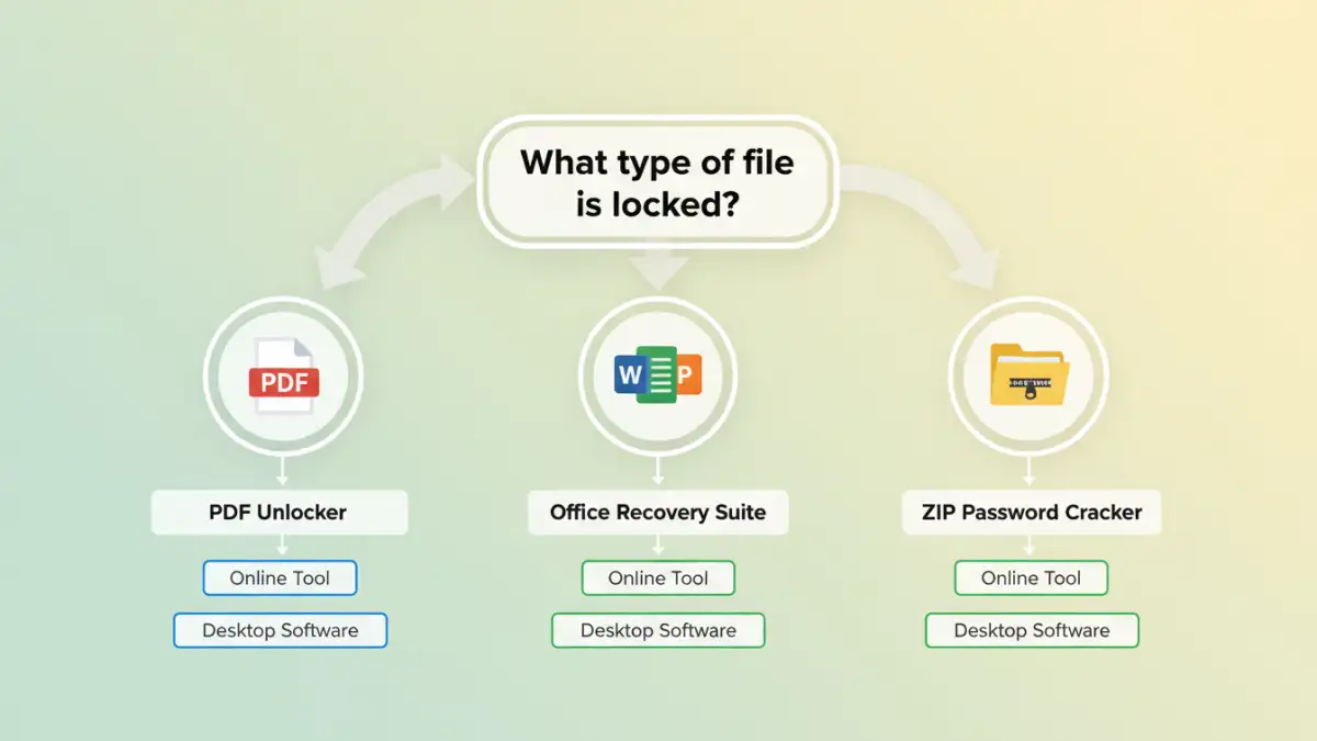 multi format password tools multi format password tools - Infographic flowchart for choosing the right password recovery tool for different file types.