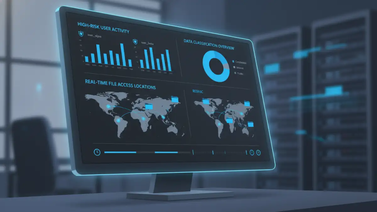 next generation document security - A dashboard interface for a modern cloud document security platform monitoring remote work file safety.