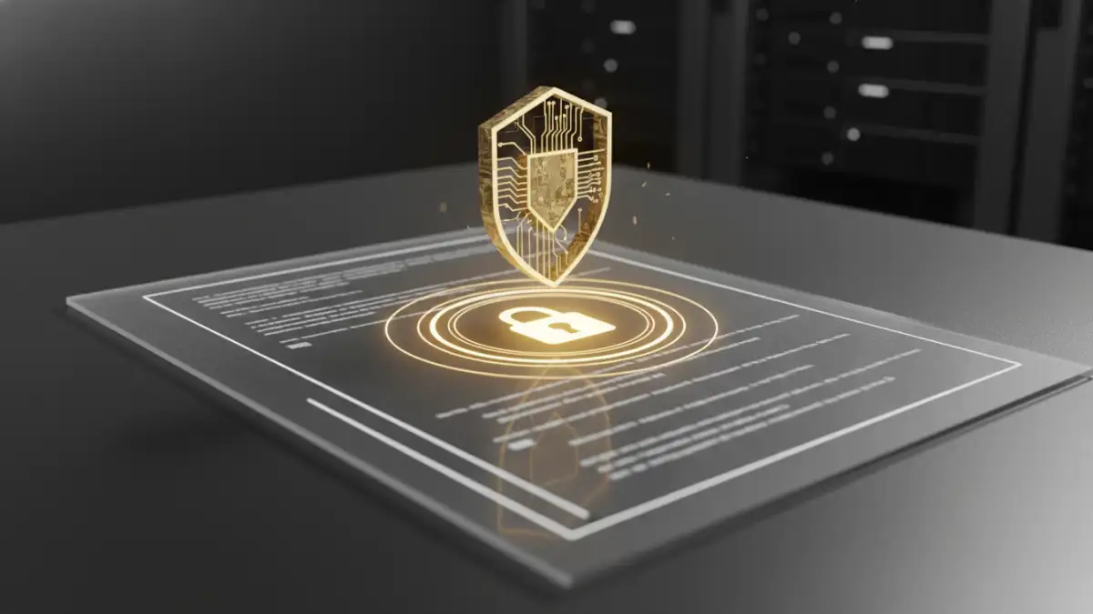 nist encryption standards - A conceptual image of a document being secured with a golden cryptographic key.
